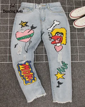 

Jeans for woman Ripped Denim high waist Female mom jeans Ankle-Length Cartoon Print Pant Plus Size Streetwear Slim ropa mujer fp