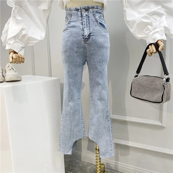 

Light Blue Jeans Woman 2020 Spring and Summer New Style Cool Irregular Denim Trousers Micro Bell Pants High Waist Jeans Femme
