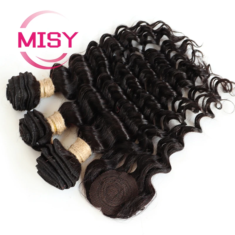 Short Deep Wave Bundles with Closure 100% Natural Human Hair Brazilian Hair Bundles with Machine Made Closure Non-Remy