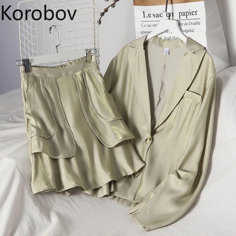 

Korobov Autumn Thin Blazer Retro Long Sleeve Tops and Elastics Waist Pockets Mini Skirts Two Piece Sets Women Outfits 78769