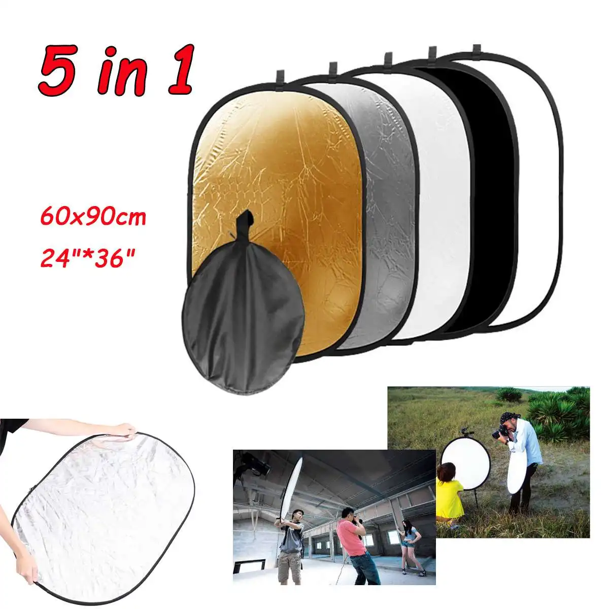 

5 in1 Photography Studio Photo Oval Collapsible Light Reflector Handhold Portable Photo Disc Diffuser 24*36inch 60x90cm