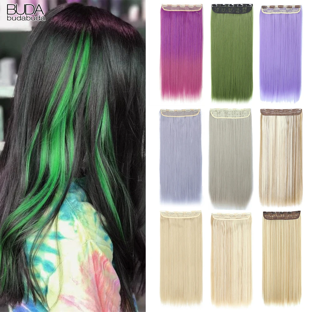 22Inch 5 Clips In One Piece Long Straight Hair For White Women Hair Synthetic Hairpiece Extensions Brown Green Pink Ombre