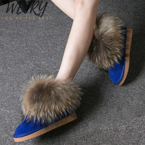 WETRY/Роскошные зимние ботинки; ботинки с натуральным лисьим мехом; водонепроницаемые ботинки из натуральной замши; ботинки из коровьей кожи; женские полусапоги на нескользящей подошве - Цвет: blue suede