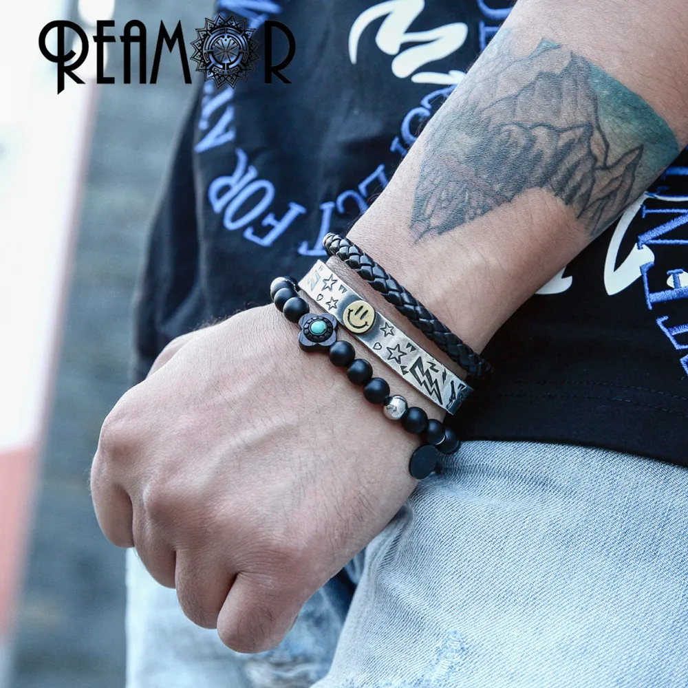 REAMOR Women& Men Matte Black Volcanic Onyx Beads Charm Bracelet Engraved Wooden Beaded Bracelets With Stainless steel Tags