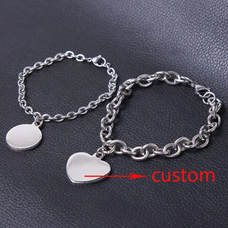 

Personalized Custom Couple Bracelet Silver Heart Round Charms Bangles Bracelets Lock Link for Women Men Punk Jewelry