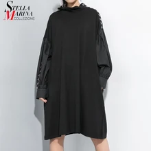 Новинка, корейский стиль, женское однотонное черное зимнее платье с рукавом-фонариком размера плюс, женское праздничное повседневное прямое платье vestidos J232