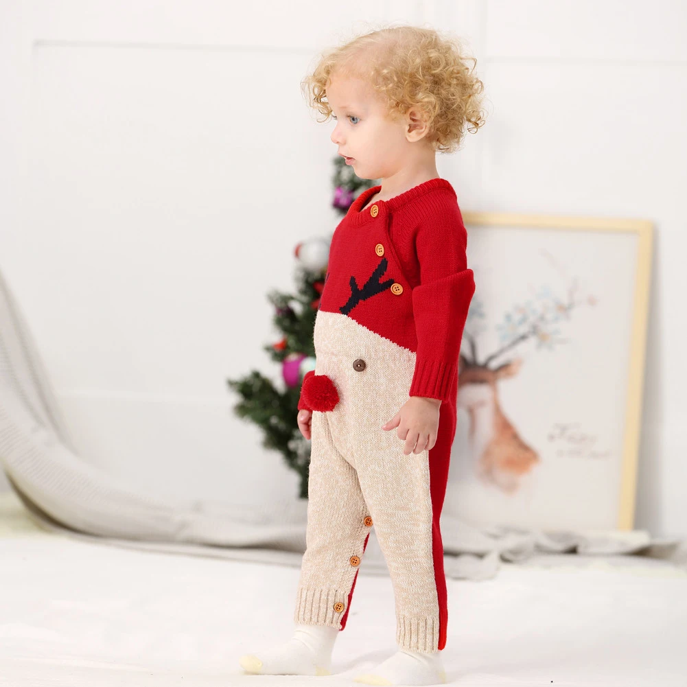Рождественский костюм Вязаный комбинезон для новорожденных, осенне-зимний свитер вязаная одежда с милым оленем для маленьких мальчиков и девочек теплая одежда на возраст от 0 до 18 месяцев
