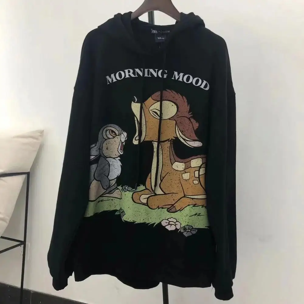 Skup Odzież damska z kapturem bambi ciepła futerkowa podszewka cartoon nadrukowana góra płaszcz 2019 jesienno zimowa bluza z kapturem streetwear