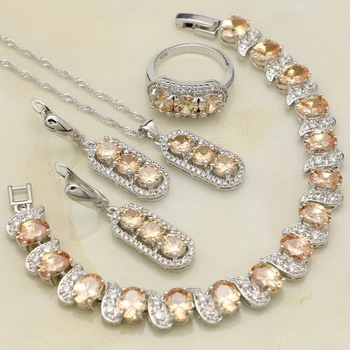 

Champagne Cubic Zirconia 925 Sterling Silver Bridal Jewelry Sets For Women Wedding Drop Earrings/Necklace/Bracelet/Pendant/Ring