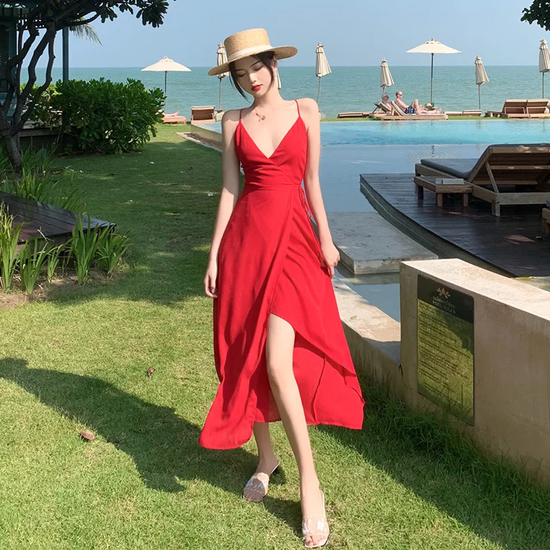 

Long Red Chiffon Women Slip Dress Summer 2020 Runway Sexy Backless Party Night Dress Korean Tropical Beach Vacation Sun Dress