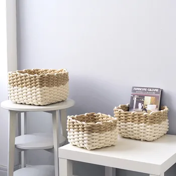 

Coarse Rope Woven Storage Basket Colorblock Sundries Sorting Box Simple Home Clothes Book Toys Organizer Frame Finishing Baskets