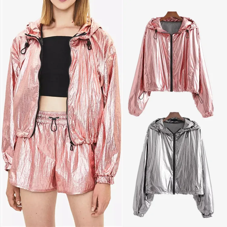 

AliExpress 2019 Autumn New Style Coat Casual Versatile Loose Version of Metal Silver Hooded Thin Short Coat