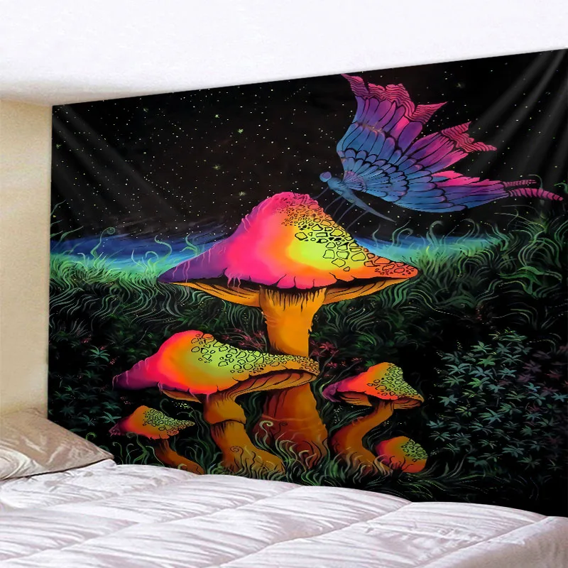 Tapestry Decor Psychedelic Mushroom 3D Printing Tapestry Hippie Fantasy Colorful Art Mandala Bohemian Family Dormitory Wall Decoration