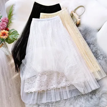 

2020 Spring Mesh Skirts Women Fashion Skirts Women A-line Pleated Skirt Lace Skirt
