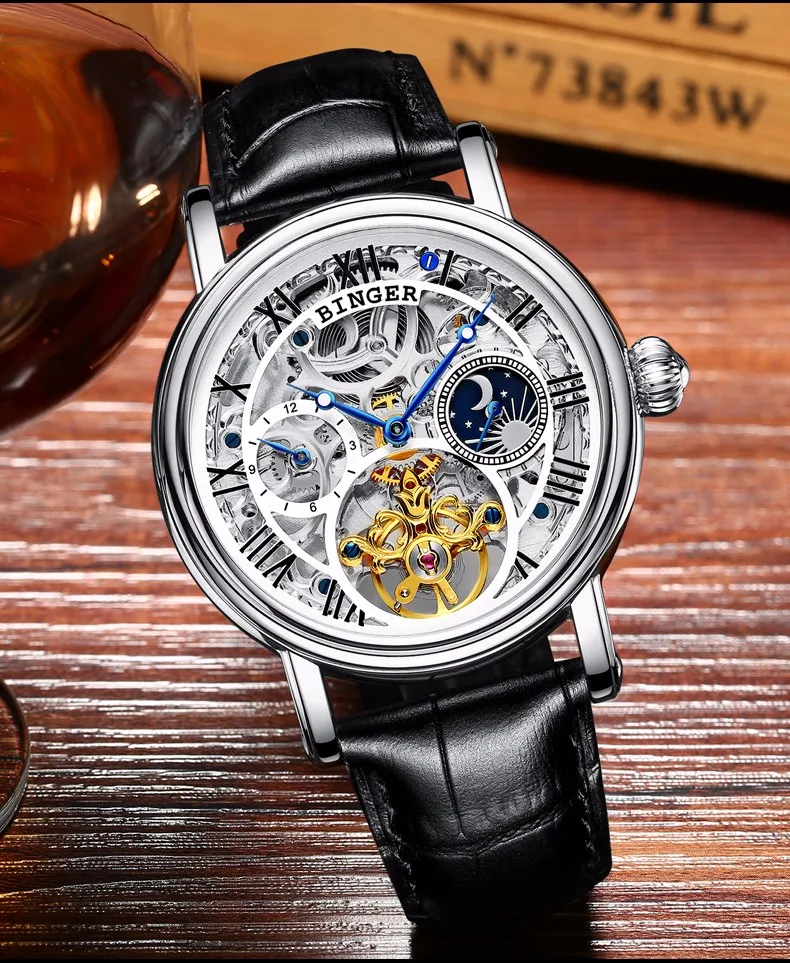 Cena BINGER luksusowa marka w stylu Retro fazy księżyca automatyczne zegarek mechaniczny zegarek skórzany pasek zegarek szkieletowy z tourbillonem zegarki erkek kol saati