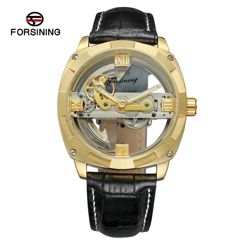 Black Gold Gold Forsining Топ люксовый бренд мужские полые автоматические механические часы Скелет личность креативная Мода розовое золото кожа часы - Цвет: Black Gold Gold