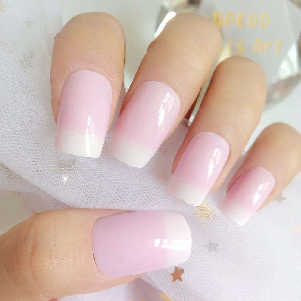 

24 Pcs Mediun Artificial Fake Nails Pink French Nails Tips Lady Finger False Nails With Designs For Manicure Material Z227