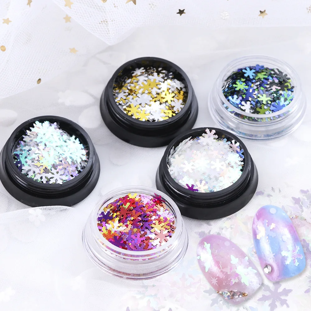 

1 Box Holographic Xmas Snowflakes Nail Sequins Flakes 3D Nail Art Glitter Laser colorful Paillette Manicure Decorations 5color