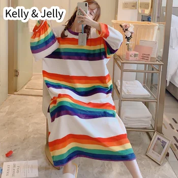 

Autumn/winter 2019 flannel nightdress women's pyjamas flannel thickened round collar long rainbow nightdress web celebrity bag