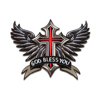 

Large God Bless You Cross Flying Wings Patches Badge 3D Embroidery Cloth Stickers Back Sewing Iron On Vest DIY Patch On Clothing