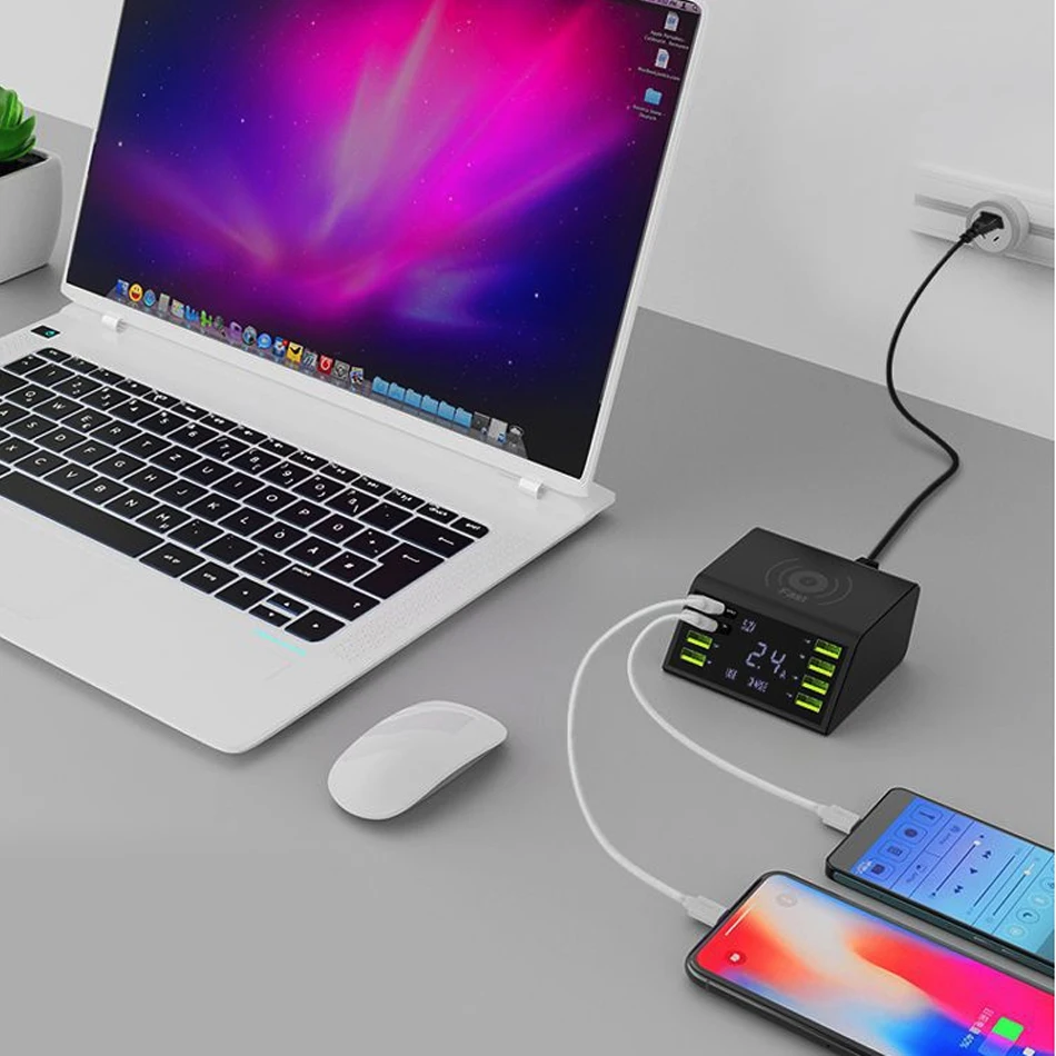LCD Display QC 3.0 Fast Charger Station 8 Port Charging Dock With 10W Wireless Charger For Mobile Tablet Smart Device