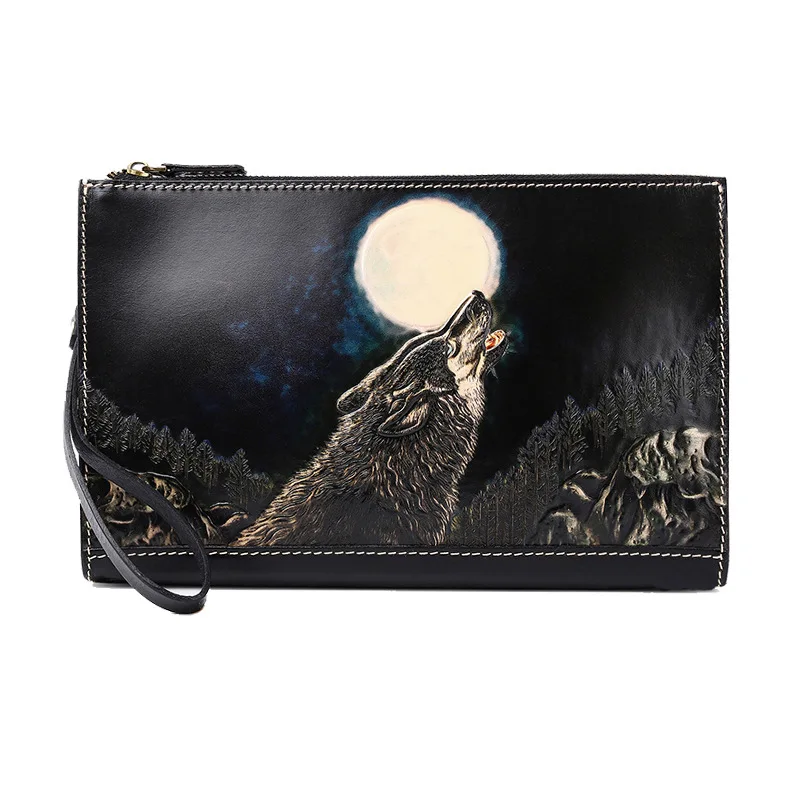 

Handmade Women Men Vegetable Tanned Leather Black Wolf Bag Money Holder Clutch Purse Cigarette Pocket Clutches Envelope