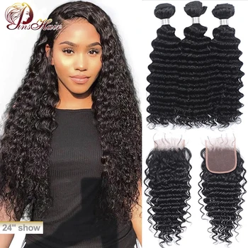 

Peruvian Hair Deep Wave Bundles with Closure Non-Remy Human Hair Weave 3 Bundles with Lace Closure Pre Plucked with Baby Hair
