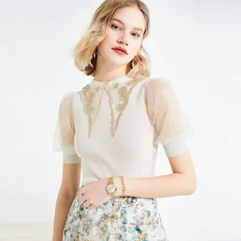 

2020 New Summer T shirt Women Knitted Sequined Lace Puff Sleeve Slim Thin Bodycon Knitwear Short Sleeve Tops