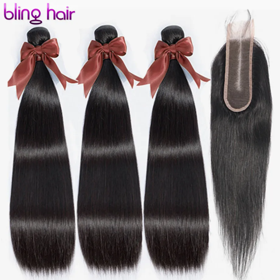 Bling hair-mechones de pelo liso con cierre, 2x6, cierre de encaje con mechones, extensiones de cabello humano mechones brasileños con cierre de 8-30 pulgadas