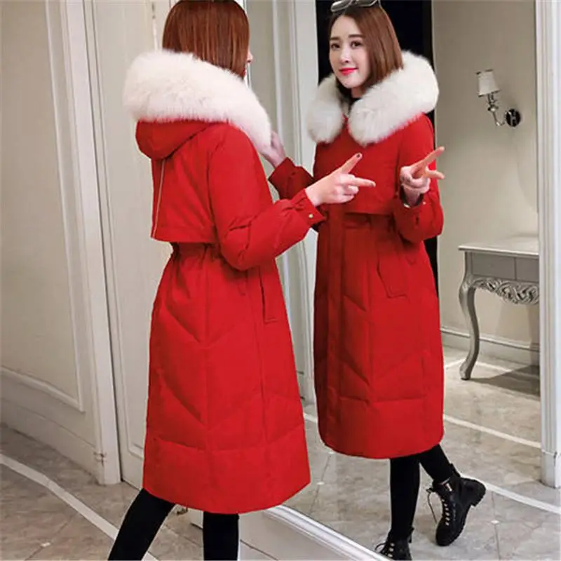 

2019 Women Winter New Real Fox Fur Collar Hooded White Duck Down Jacket Female Slim Warm Long Down Coats Casaca Mujer M134