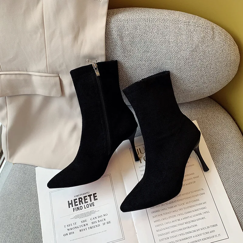 

Short Boots Women's High-heeled Bare Boots 2019 Autumn And Winter New Style INS Online Celebrity Thin Boots Chunky Heel Pointed-