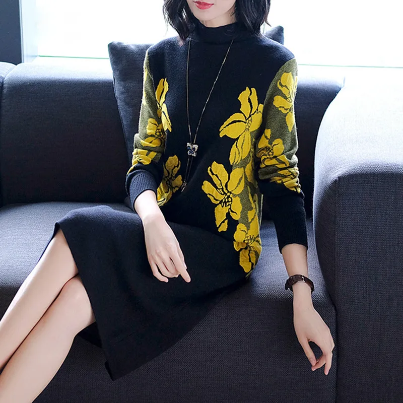 

2021New Floral Women Winter Turtleneck Sweater Dress Female Elegant High Quality Knitting Dress Female Knee-length Vintage Dress