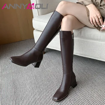 

ANNYMOLI Genuine Leather High Heel Knee High Boots Women Shoes Buckle Zip Square Toe Block Heels Long Boots Ladies Autumn Winter