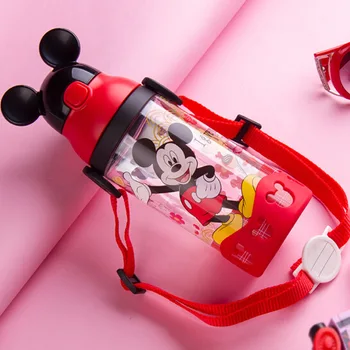 

Disney baby water cups plastic straw type With Rope The cup of study drink student kids cartoon Mickey Minnie bottle