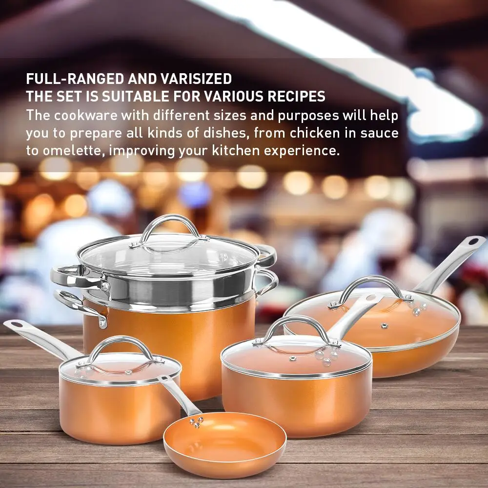 

Sineuri 10 Pcs Copper Cookware Set Non-stick Pots and Pans for Kitchen includes Frying Pan Saucepan Stockpot with Steamer