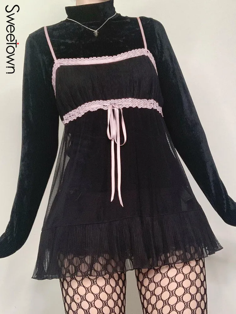 Sweetown See Through Sexy Mesh Slip Dress Black Contrast Lace Aesthetic Y2K Short Dresses Women Sleeveless Fairycore Outfits | Женская