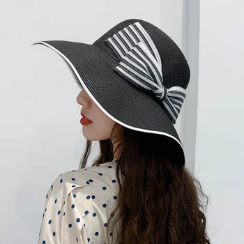 

Outdoor sun hat beach hat female fashion striped bow straw hat sun protection caps for ladies