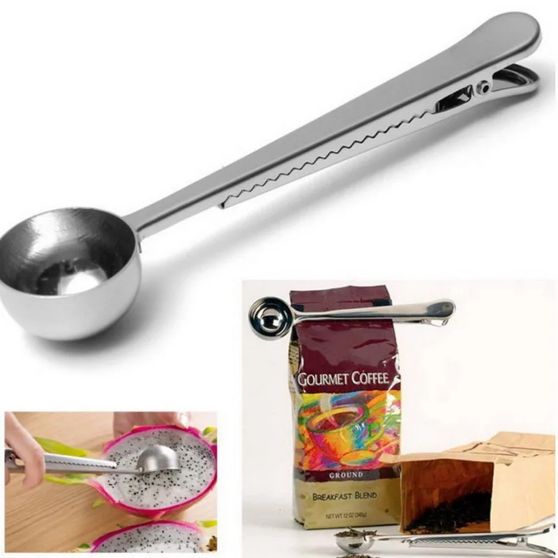Ground Coffee Measuring Spoon Scoop with Bag Sealing Clip Silver Stainless Steel