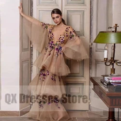 2022 Tiered Beading Ruffles Tulle  Beached Party Dress Deep V-neck Applique Floor Length Long Evening Dresses For Women New