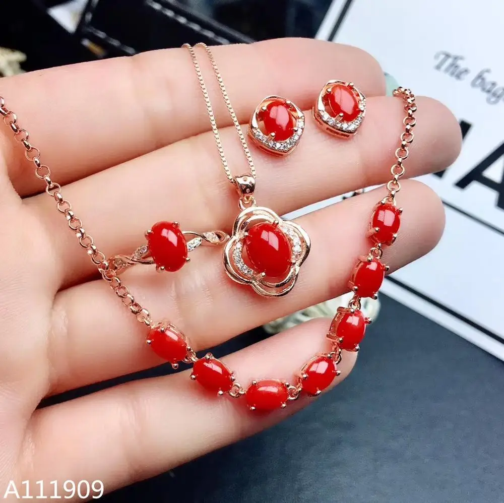 

KJJEAXCMY boutique jewelry 925 sterling silver inlaid Natural red coral Bracelet Necklace Earring Ring Suit Support Detection