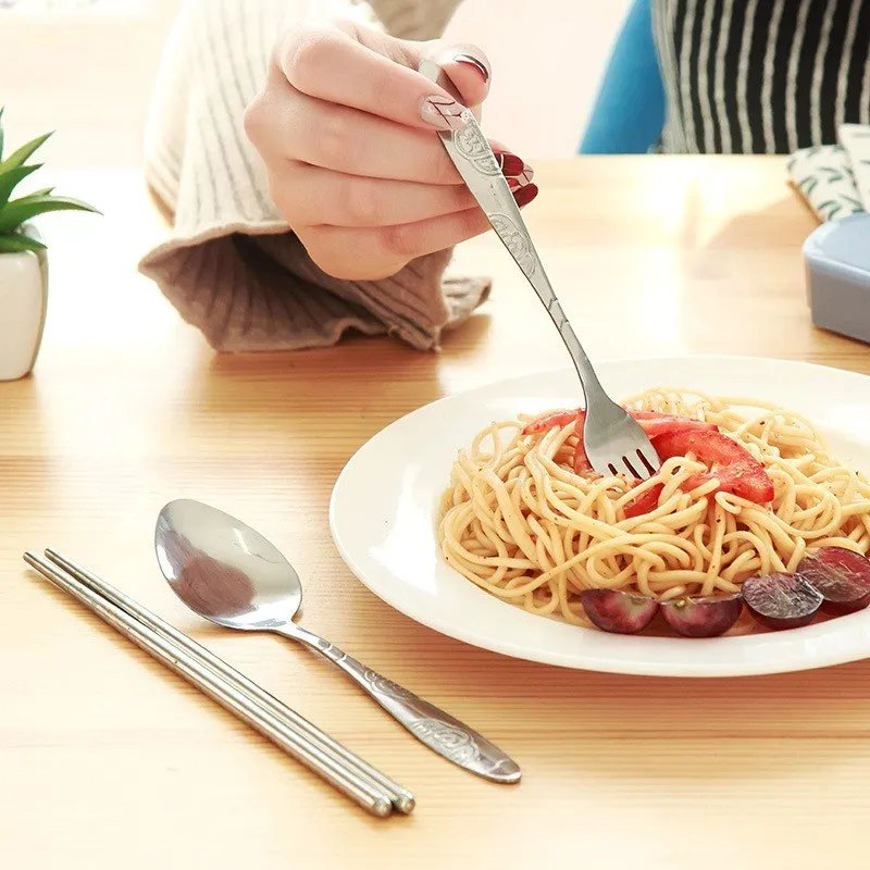2019 New Portable Nordic Style Plain Fashion Stainless Steel Chopsticks Spoon Cutlery Three-piece Drop Shipping | Дом и сад