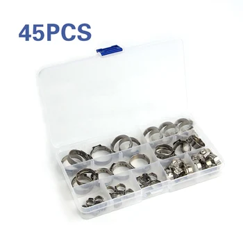 

45/80PCS 304 Stainless Steel Single Ear Stepless Hose Clamps 5.8-23.5mm Hose Clamps Cinch Clamp Rings