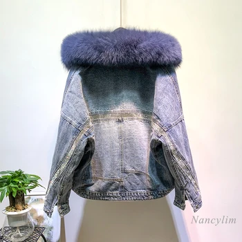 

Natural Fur Collar Jeans Coat Women's Brushed and Thick Warm Rabbit Fur Liner Denim Jacket Winter All-match Female Overcoat