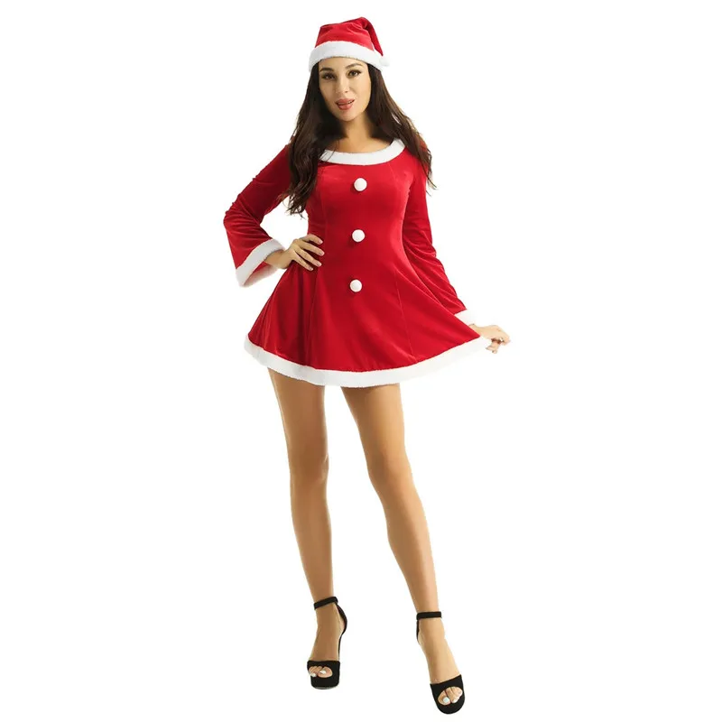2 шт., женский костюм Mrs Santa Coslplay, рождественское нарядное платье, наряд с круглым вырезом и длинным Расклешенным рукавом, белое Фланелевое приталенное платье, шляпа