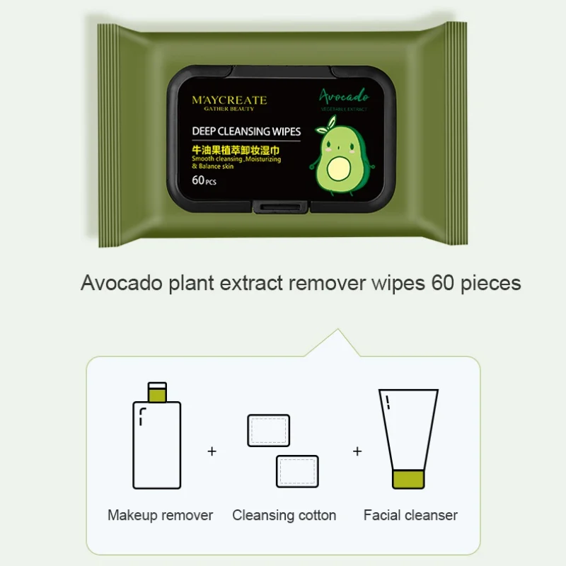 Без стимуляции гипоаллергенные портативные одноразовые салфетки для снятия макияжа с авокадо Глубокая чистка салфетки для снятия макияжа авокадо Хлопок для лица