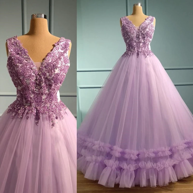 

Light Purple Evening Dress robe de soiree V-Neck Sleeveless Beaded Floor Length Formal Evening Dresses Long Vestido de festa Lon