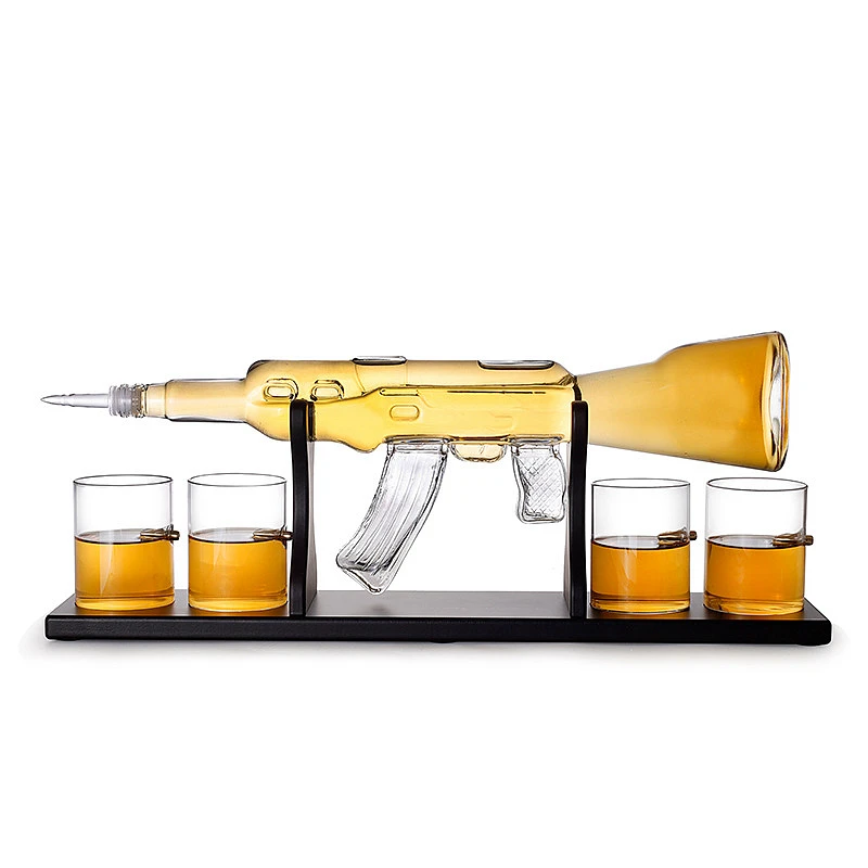 AK47 Gun Shape Whisky Glass Wine Container Decanter Set Drinking Vessel With 4 Cups 1 Pine Wood Support | Дом и сад