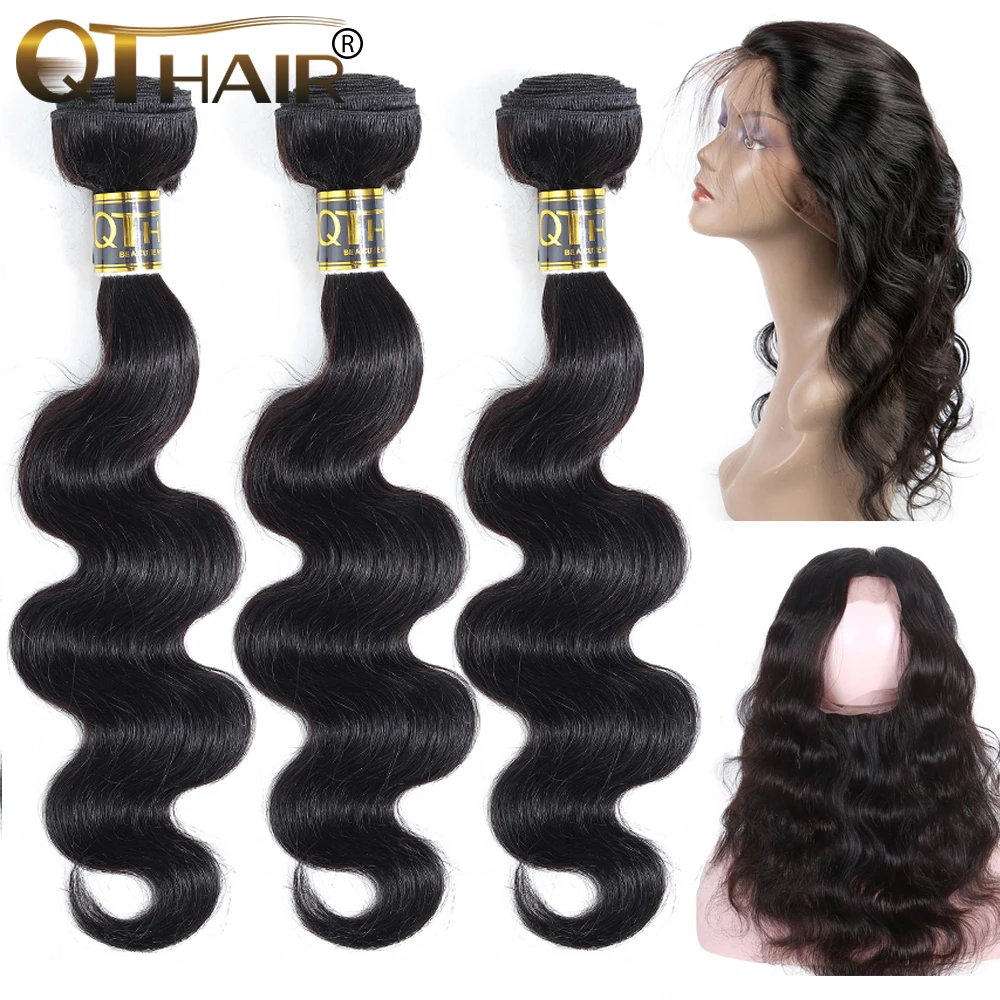 

Brazilian Body Wave 3 Bundles With 360 Lace Frontal Human Hair Bundles With Lace Closure 4pc/lot QT Hair Weave Non-Remy Hair
