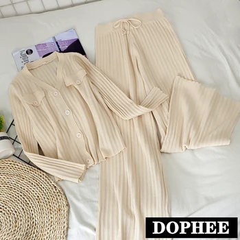 

Spring New Two-Piece Set Solid Color Women V-neck Short Cardigan Tops + High-waist Loose Knitted Wide Leg Pants Knitting Suit