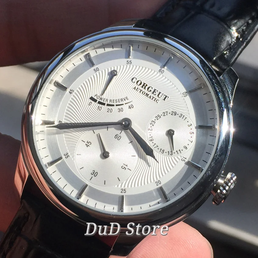 Corgeut New Men's Top Mechanical Watch stainless silvery Case White Dial Date Leather Strap Power Reserve Automatic Wristwatch | Наручные